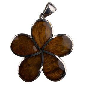 Sterling Silver & Koa Wood Flower Pendant Floral Handcrafted Artistry